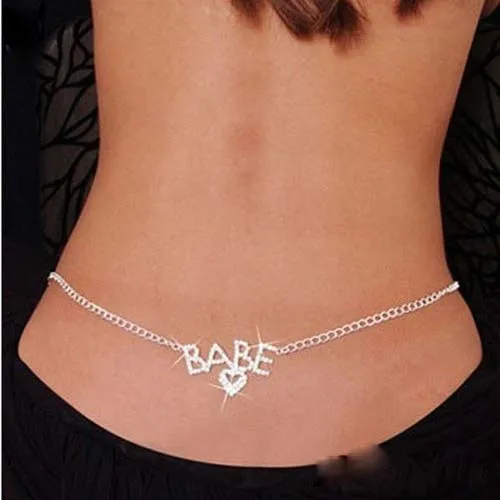 

Glittery Rhinestone Crystal BABE Letter heart Lower Back Chain Dance Prom Body Summer waist jewellery belly chain, Silver