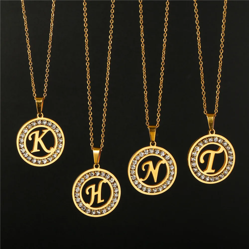 

collar de letras 18k Gold Plated Stainless Steel Necklace Paslanmaz Celik Kolye INS Hollow Out Disc Letters CZ Pendant Necklace