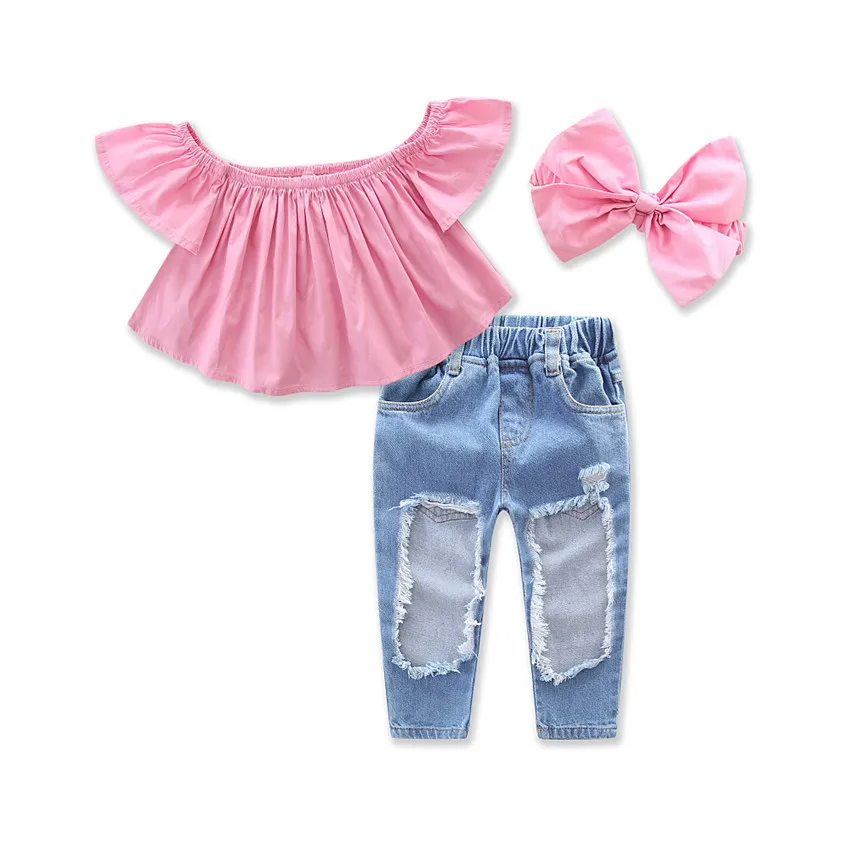 

Children Summer Clothes Pink Off Shoulder Crop Top+ Headband + Ripped Jeans 3pcs Fashion Kid Girl Outfit Toddler Distressed Jean, Pink blue