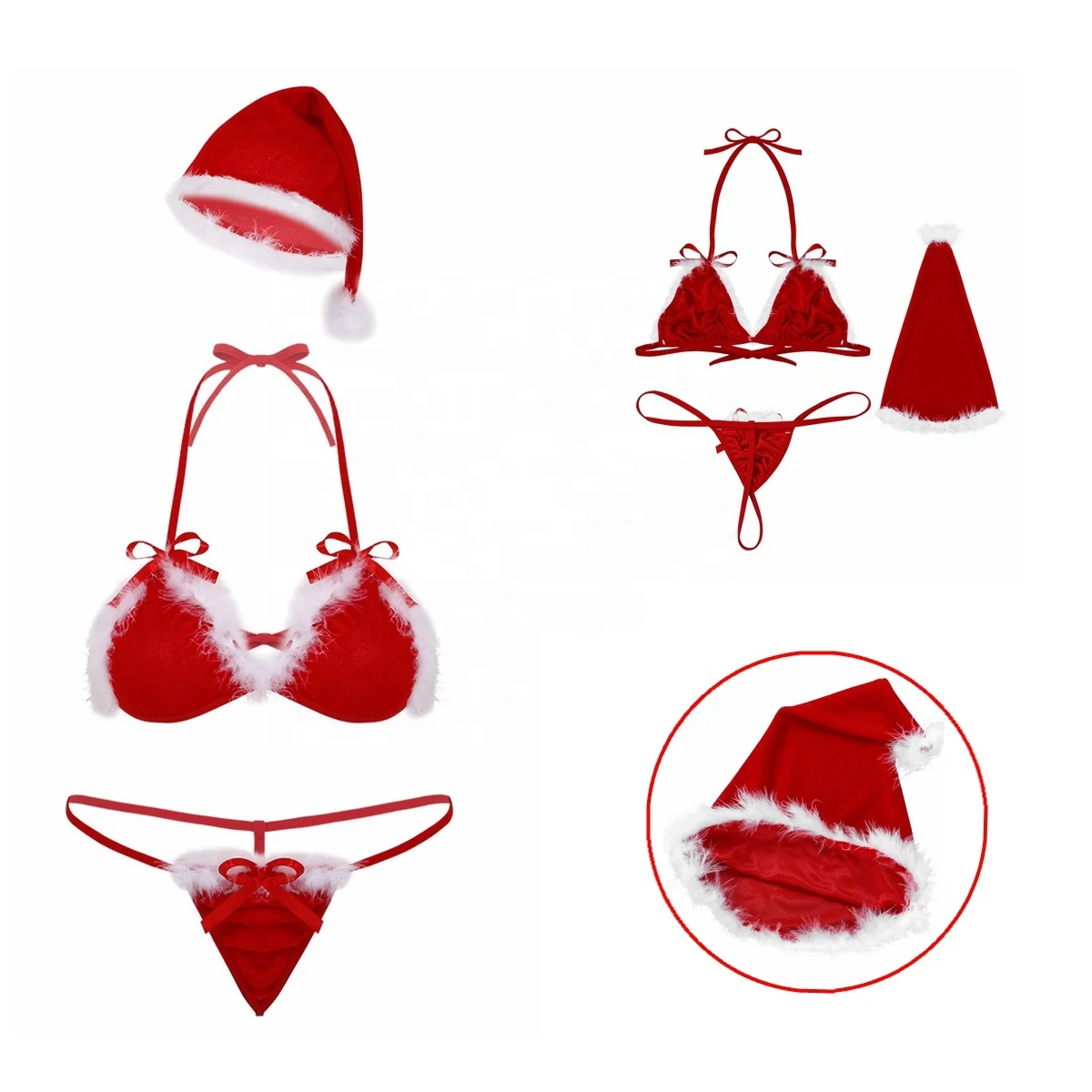 

3Pcs Womens Soft Velvet Christmas Costume Lingerie Sets Halter Neck Bikini Bra Top with G-string Thong Briefs Underwear and Hat, Red&white