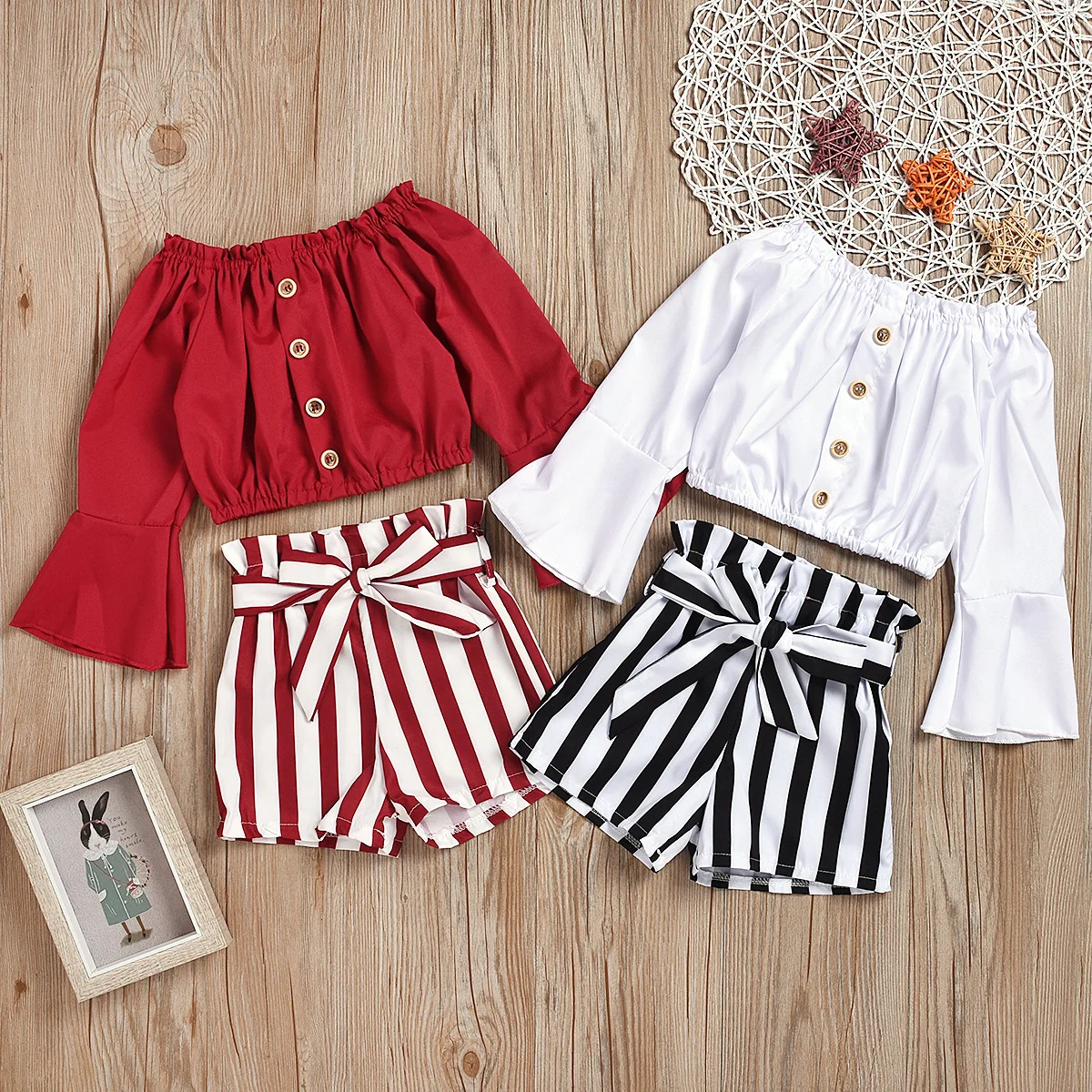 

2021 Toddler Kids Baby Girls Ruffles Off Shoulder Solid Color Tops+ Striped Shorts Outfits 2pcs Set Newborn Baby Girls Clothes