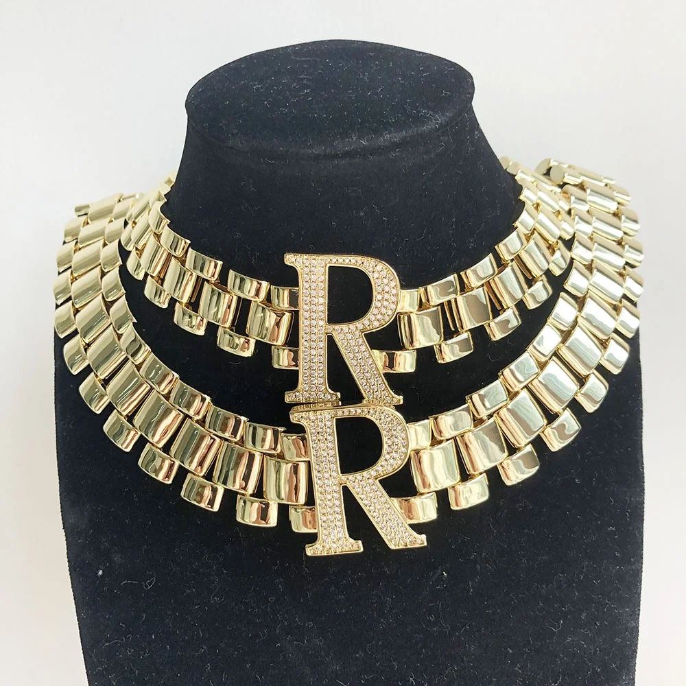 

Watch Band Style Linked Necklace, Custom Letter Watch Initial Chain Link Necklace