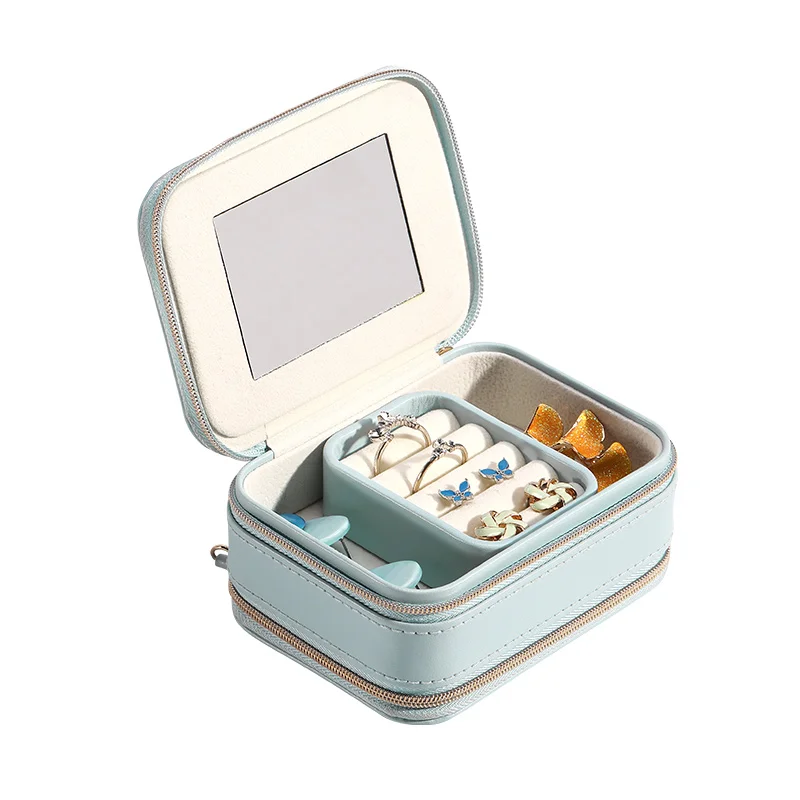 

Wholesale Custom Logo Small Two Zipper Jewelry Boxes Organizer Travel PU Leather Pearl Earring Ring Necklace Jewellery Gift Case