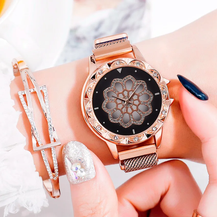 Drop Shipping Fashion Women Rose Gold Flower Rhinestone Wrist Watches Luxury Casual Female Quartz Watch Relogio Feminino Hot