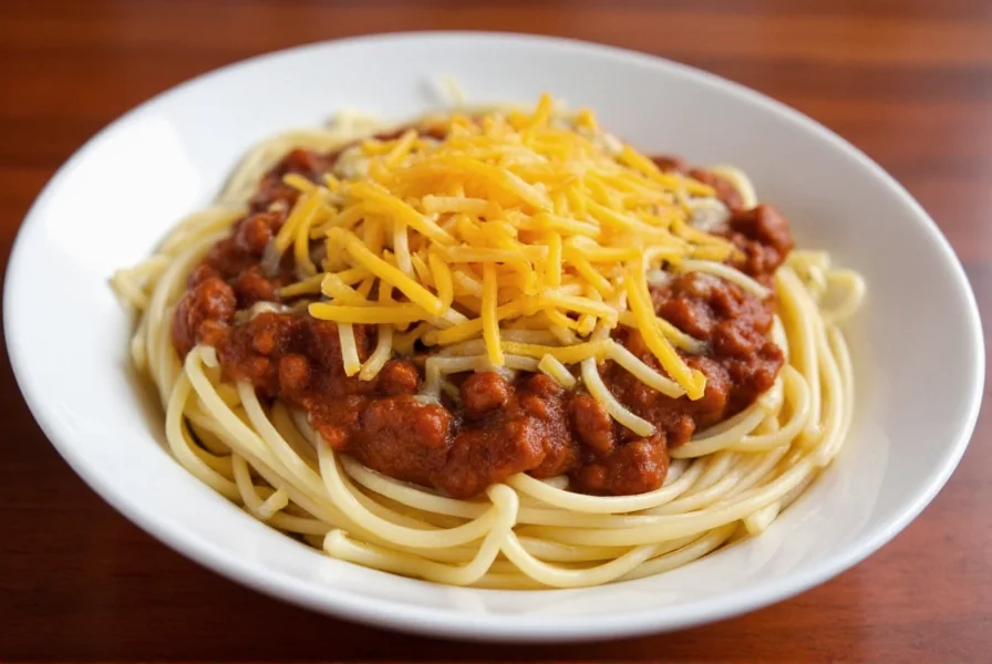 Authentic Skyline Chili dip served in a white bowl over spaghetti with melted cheddar cheese topping