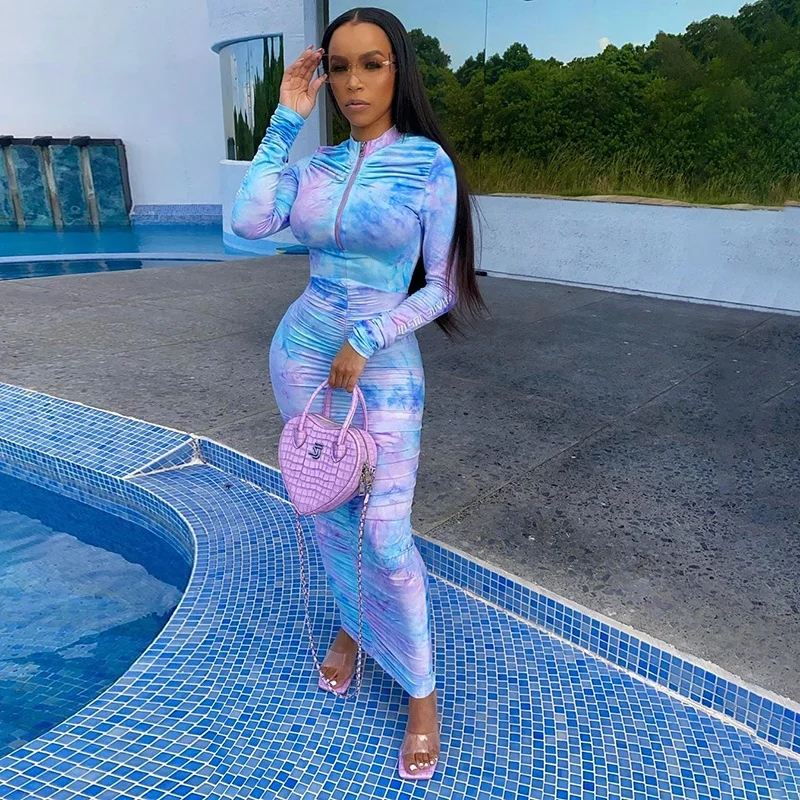 

winter women long sleeve front zipper tie dye tshirt dress clothing Sexy Featured Ruched Midi bodycon dress for women