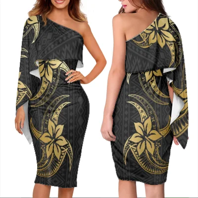

1 MOQ Drop Shipping Polynesian Samoan Tribal Design Print On Demand Hollow One Shoulder With Shawl 4XL Big Size Women Dress, Customized color
