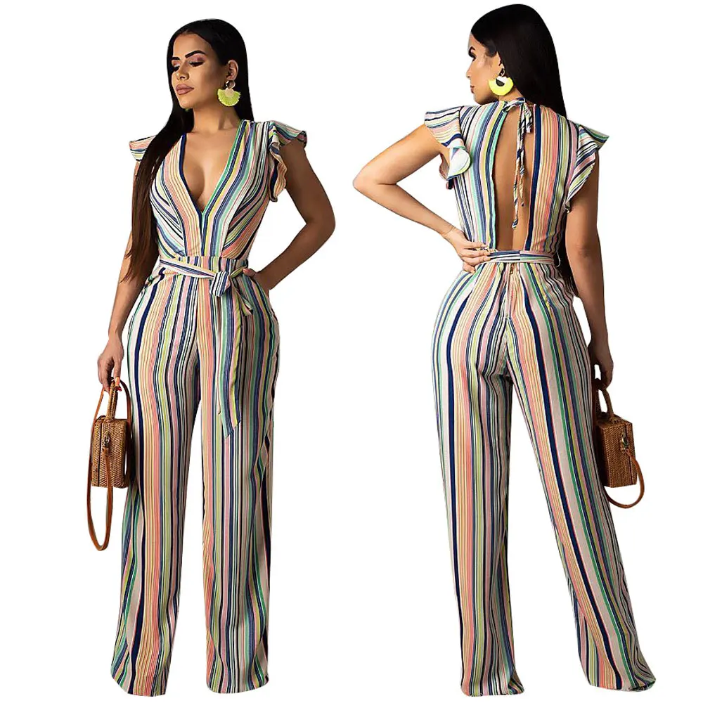 

20520-MX25 sehe fashion leisure office deep v striped jumpsuit women