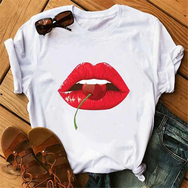

Women Tops Red Mouth Lip Love Print T Shirts Base O-neck Short Sleeve Women Tshirt All-match White Tee Funny Girls Shirt, As pictures