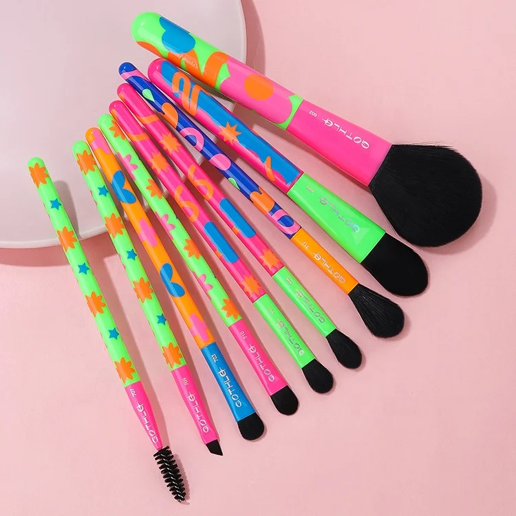 Gracedo Custom Fluorescence 9Pcs Professional Vegan Luxury High Quality Colorful Makeup Brush Set Concealer Face Wood Handle