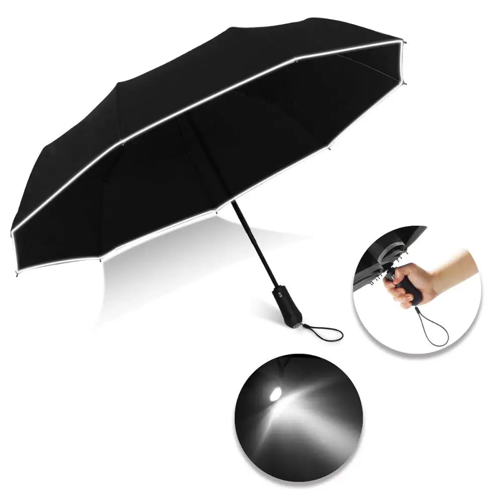 High Quality Wholesale Custom 3 Fold Automatic Flashlight Umbrella with LED Light Handle with Reflective Stripe