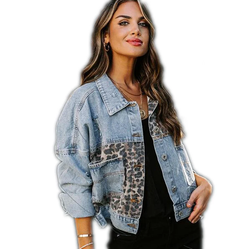 

New Fashion Denim Jacket Personalized Leopard Print Patchwork Women's Denim Jacket, As pic show