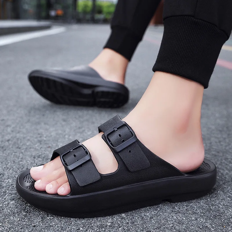 

Classic Black Sandals for Men Summer Slip on Slippers Beach Adjustable Strap Design Male Casual Outdoor Flip Flops 40-46