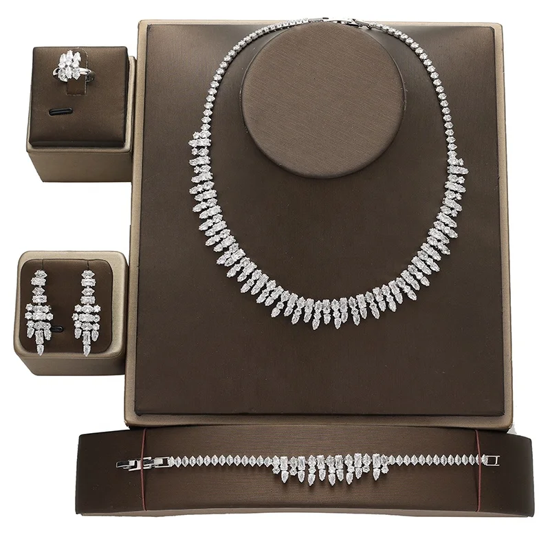 Silver Jewelry Set Fashion Luxury Zircon Necklace Bracelet Earrings Ring Wedding 4pcs Jewellery Sets for Women Bisuteria BN8258