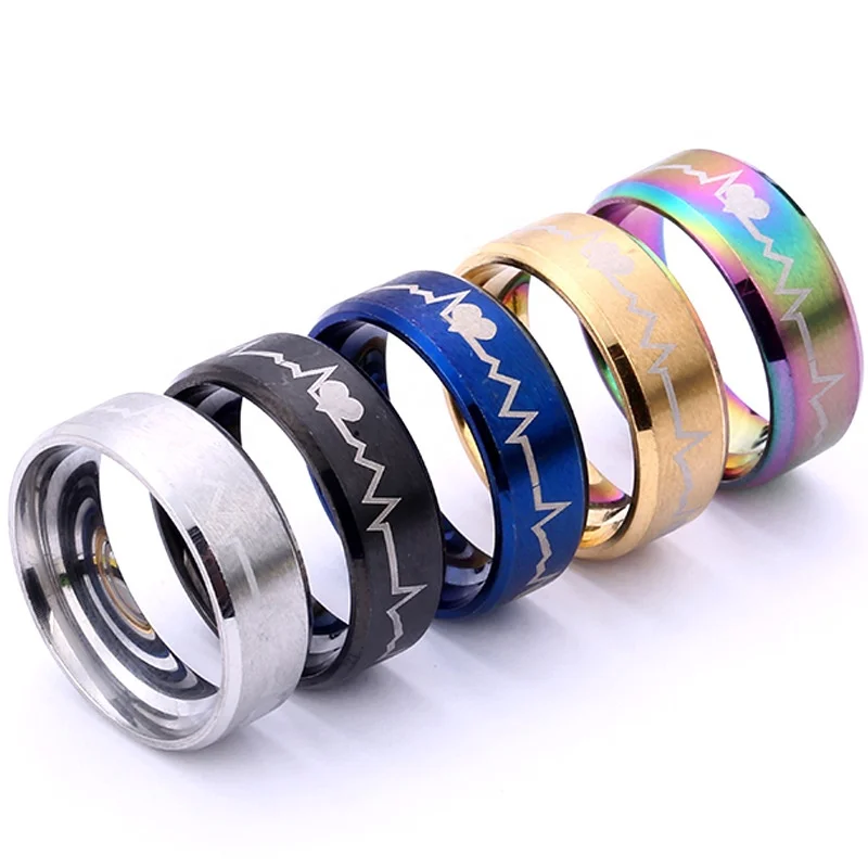 

Drop Shipping Hot Selling Fashion Simple Jewelry Punk Ring 316L Stainless Steel ECG Heartbeat Rings, Black,silver,gold,blue,multi