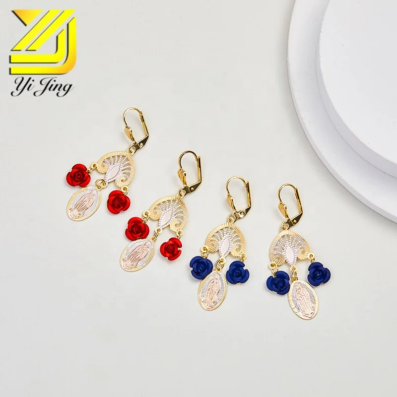 

New Arrival High Quality Wholesale religious jewelry Guadalupe with two rose drop charm earrings, Tricolor