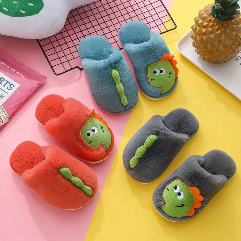 

2020 New Latest Winter Kids Girls Warm Plush Slippers Cartoon Dinosaur Non-Slip Indoor Shoes For Children Bedroom Warm Slippers, Gray, blue, orange, red, pink