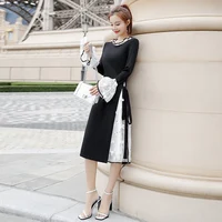 

2020 latest arrival in stock Korean vintage street style a line crew neck long sleeve fashion design women midi black dress