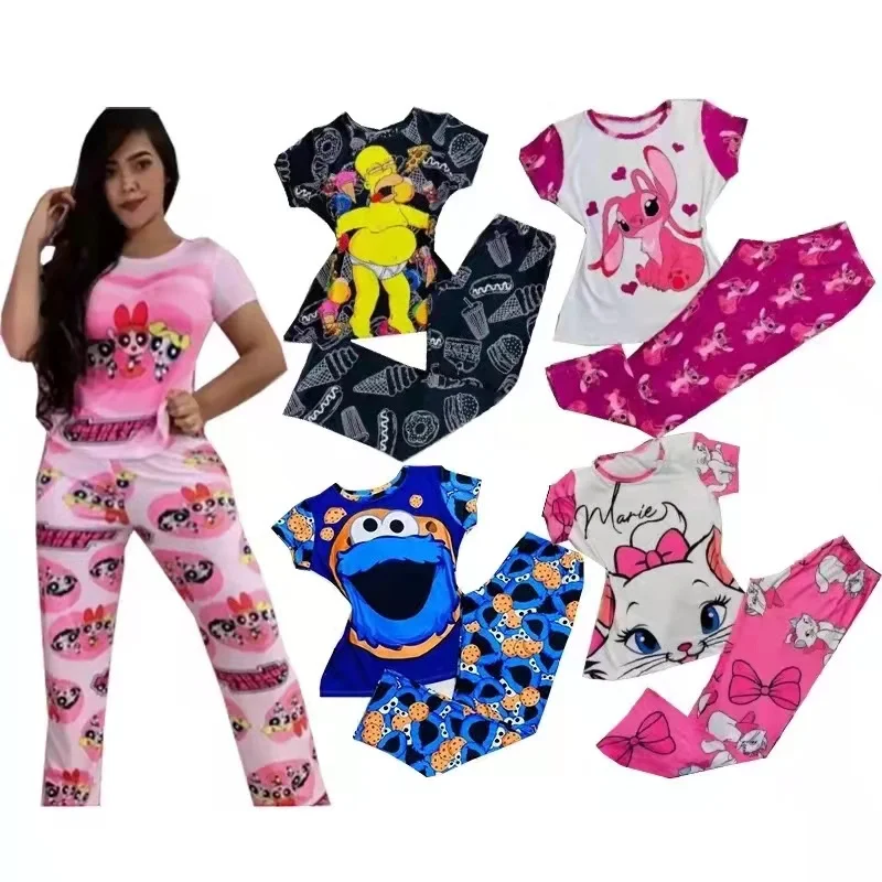 

sleepwear Hot Sell Homewear Clothes Cartoon Summer 2 Piece Set Casual Women Pajamas For Adult comfortable, Customized color