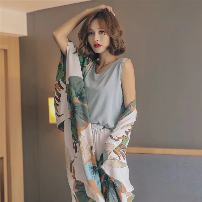 

JULY'S SONG Viscose Pajamas For Women Sping Summer Long Sleeve Robe Femme Retro Floral Printed Nightgown Pants Fashion Homewear