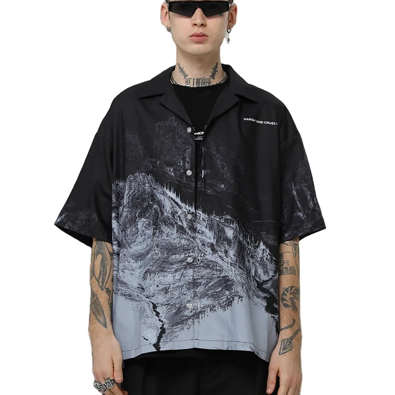 

Latest style wholesale summer breathable thin half sleeve snow mountain of printing men's shirts, Blue/black