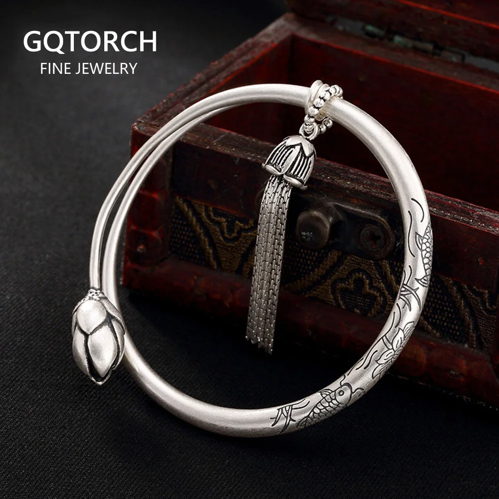 

Fish Engraved Vintage Tassels Women 925 Sterling Silver Expandable Bangle Bracelet