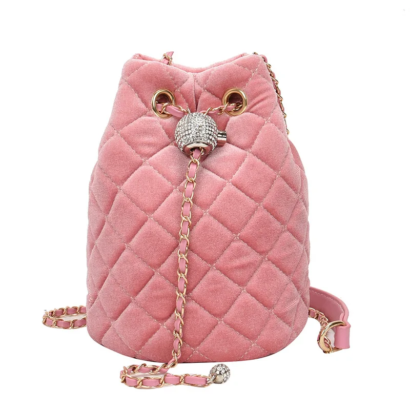 

High quality velvet shoulder messenger luxury diamond small bucket bags chain handbags for women ladies 2021, 4 colors