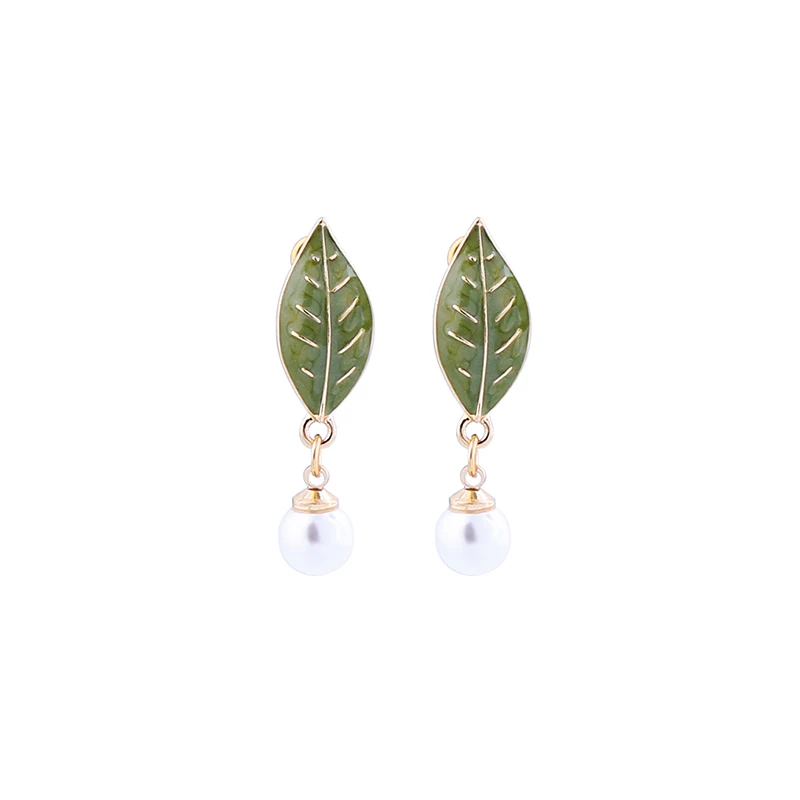

de98051 Green Black Acrylic Enamel Leaf Earring Vintage Pierced Ear Jewelry Antique Gold Color Earring