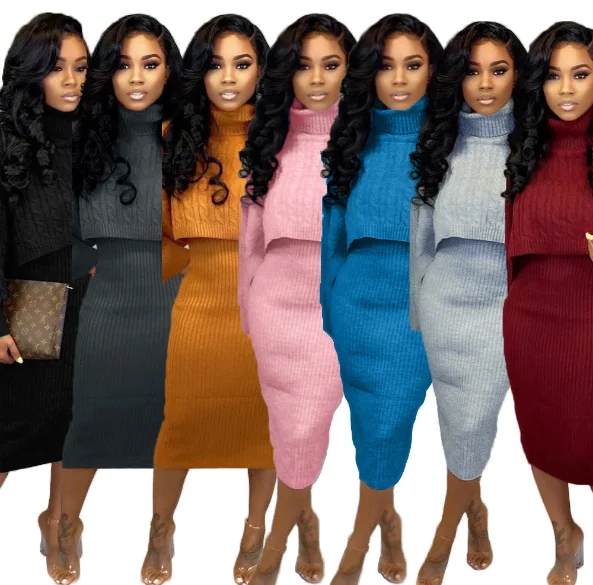 

2019 Winter clothing two pieces set solid long-sleeved high collars warm casual sweater FM-A6273, As pictures