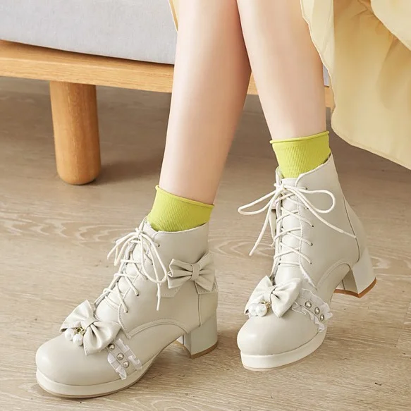 

Lovely Bowknot Pearl Women Round Toe Lace Up Lolita Ankle Boots Cosplay Chunky Heel Soft Big Size 46 Short Booties For Girls, Black,beige,pink