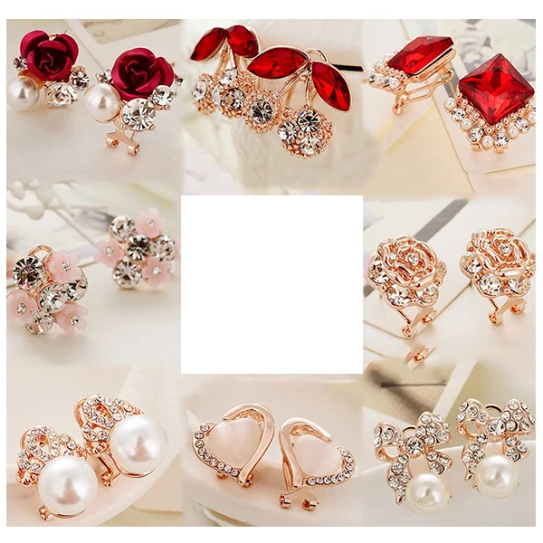 

Simple heart crown rose petals four-leaf clover ear studs alloy earrings for women, As picture