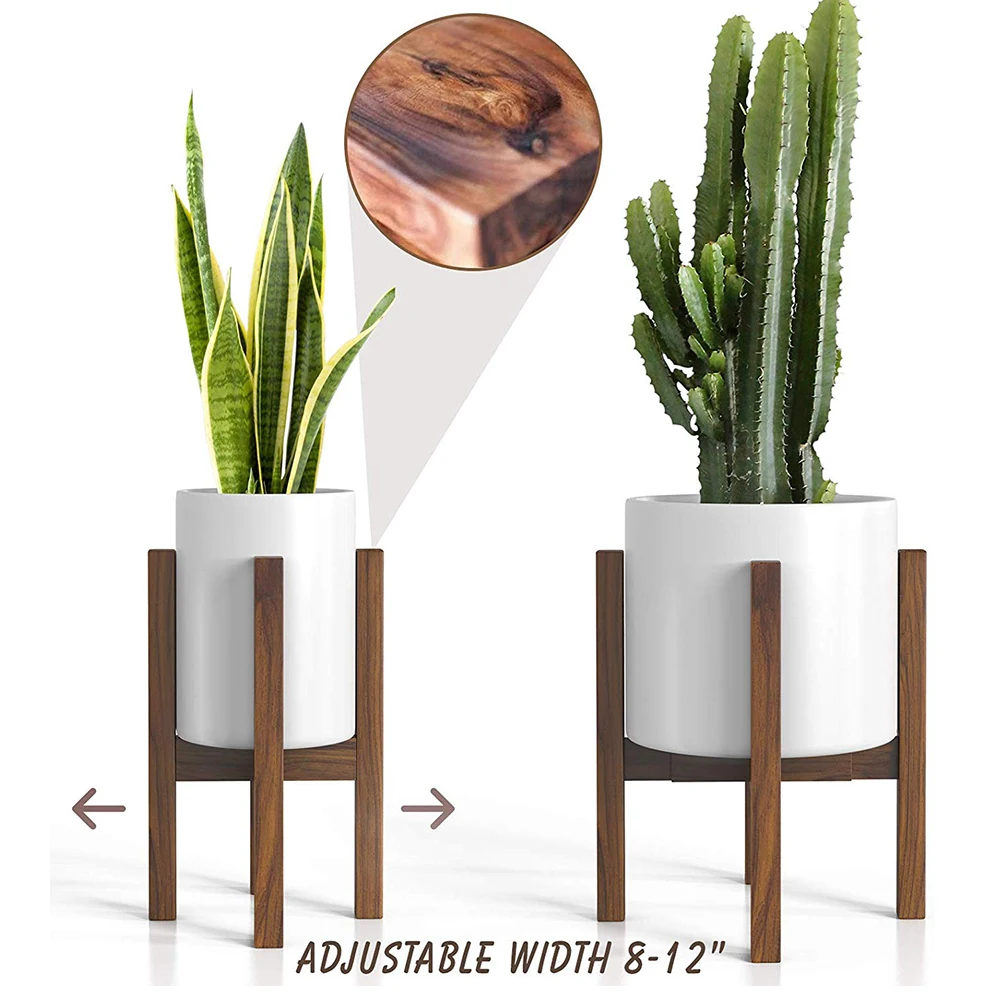 Mid Century Plant Stand Acacia Wood Square Pole Legs Adjustable Modern