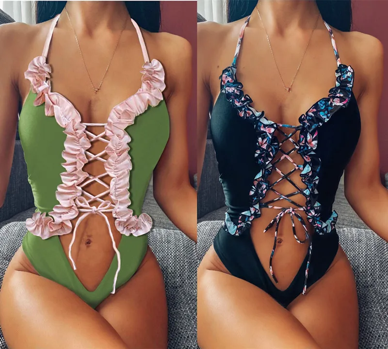

B52316A European women fashion ruffled sexy bandage one-piece swimsuit, Black/green