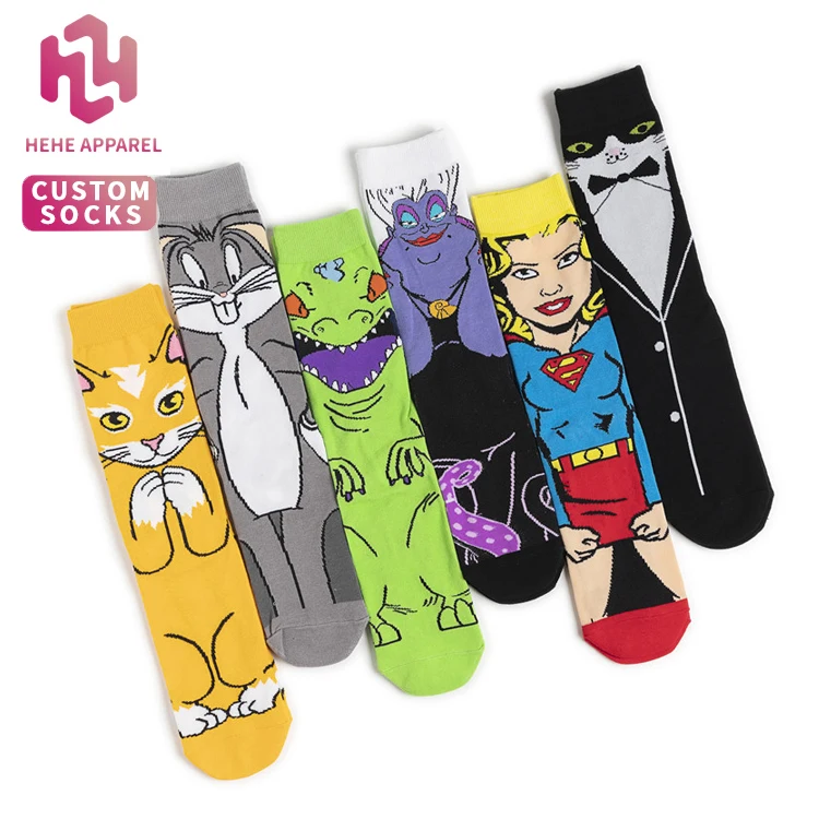

HEHE Wholesale Funny Novelty Happy Cartoon Funky Mens Cotton Crew Socks Custom from China Factory