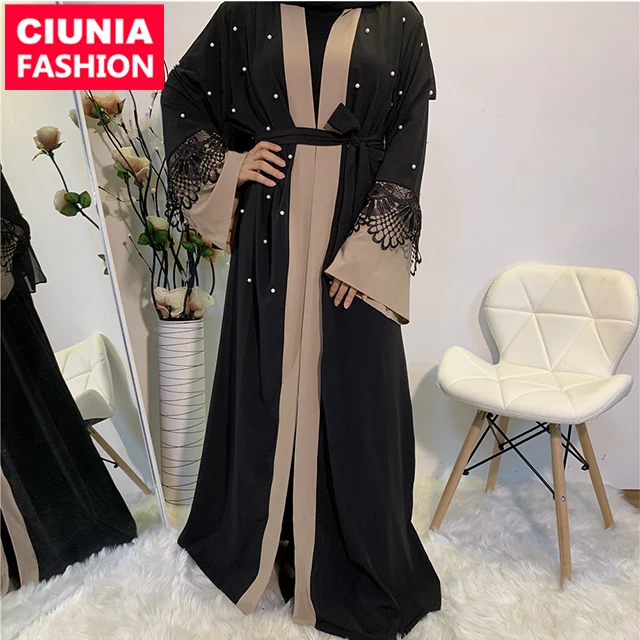 

1620# New Collection Dubai Abaya White Pearls Black Lace Embroidery Abaya Dresses Matching Belt Muslim Islamic Women Clothing, Black/customized