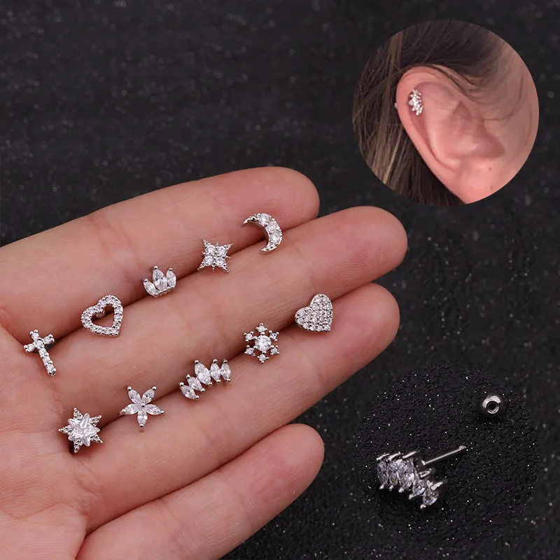 

2021 Sailing CZ Star Heart Cross Cartilage Piercing Stud Helix Jewelry Tragus Conch Cross Star Screw Piercing Stud Earring