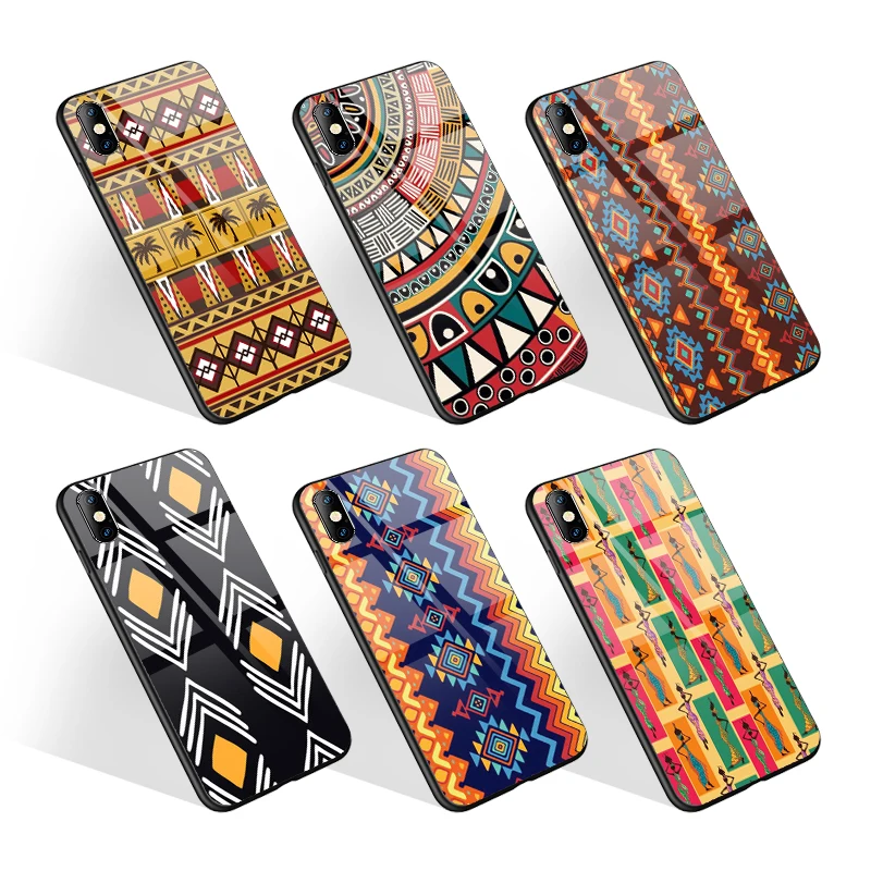 

African Totem Patterns Print Hard Scratch Resistant Tempered Glass Phone Case for iPhone 13 Pro Max 11 Pro max