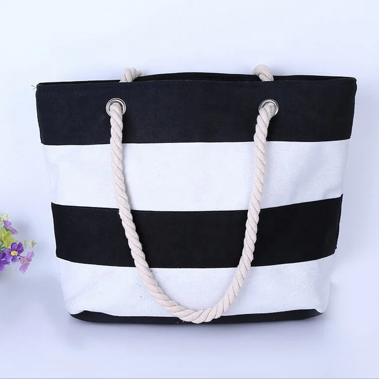 

High quality promotional Fashion Design waterproof Wholesale custom printed cotton canvas tote stripe beach bag, Red, blue, black, rose grey, green, etc