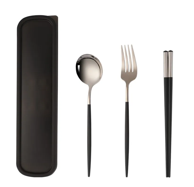 

Drop shipping Portable Stainless Steel Cutlery Fork Spoon Alloy Chopsticks Three-piece Set Work Travel Cutlery Box