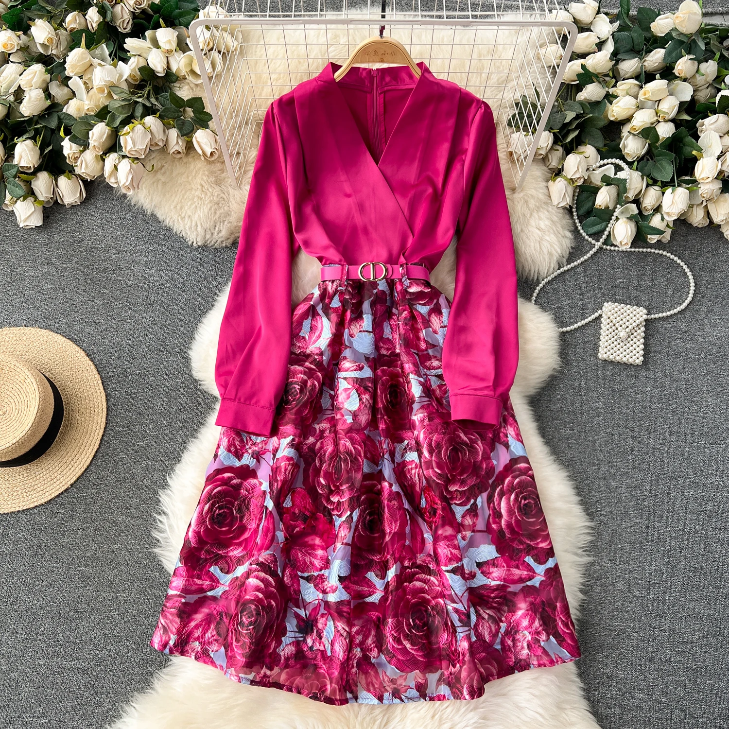 

Women's Fall Winter Vintage Rose Red Long sleeve V-neck Elegant Dresses