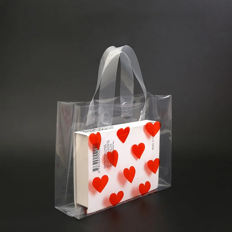 

Transparent Red Love Heart Gift Bag Thick Large Plastic Packaging With Handle Clothing Shopping Bag