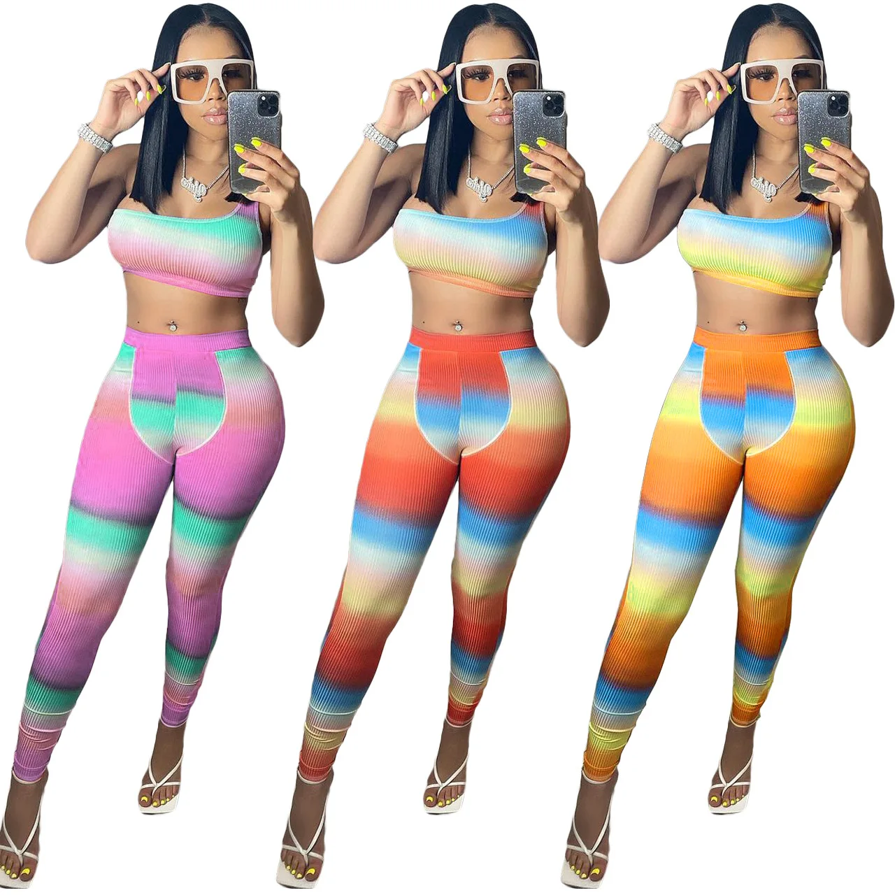

2021 summer women's Gradient print ribbed sports crop top casual suit Asymmetrical yoga sets