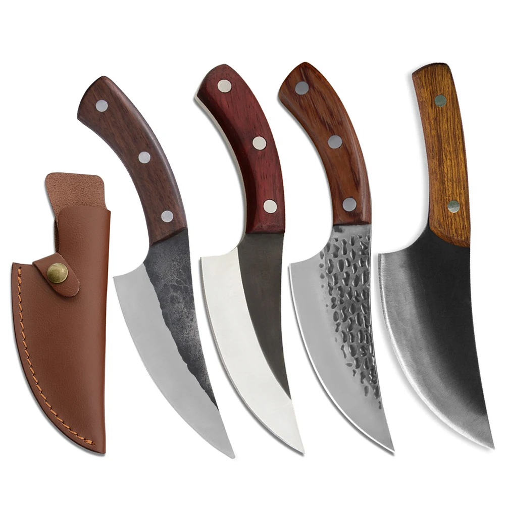 

Outdoor Hunting Fixed Blade Slaughter Skinning Sharp 5mm Thick Hand Made Forged Chef Knife Butcher Knife With Leather Sheath