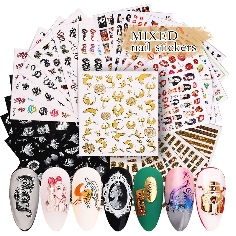 

Misscheering Nail Art Sticker Set Flowers Grass Snake Series Lace Colored Flowers, Gold and Silver Bronzing stikcer set, As photos show