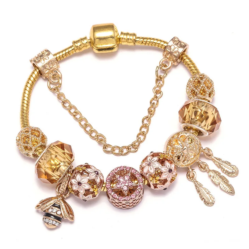 

European DIY Jewelry Gold Plated Ball White Flower Honey Bee Charm Bracelet Dreamcatcher Charm Bracelet, As pictures