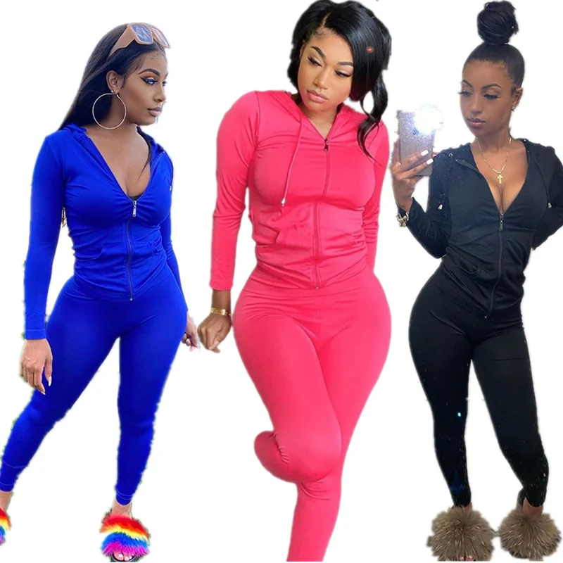 

7 Colors Ladies Clothing Longsleeve Two Piece Hoodies Set Solid Casual Outfit Sweat Suit Jogger Tracksuit For Woman With Zipper