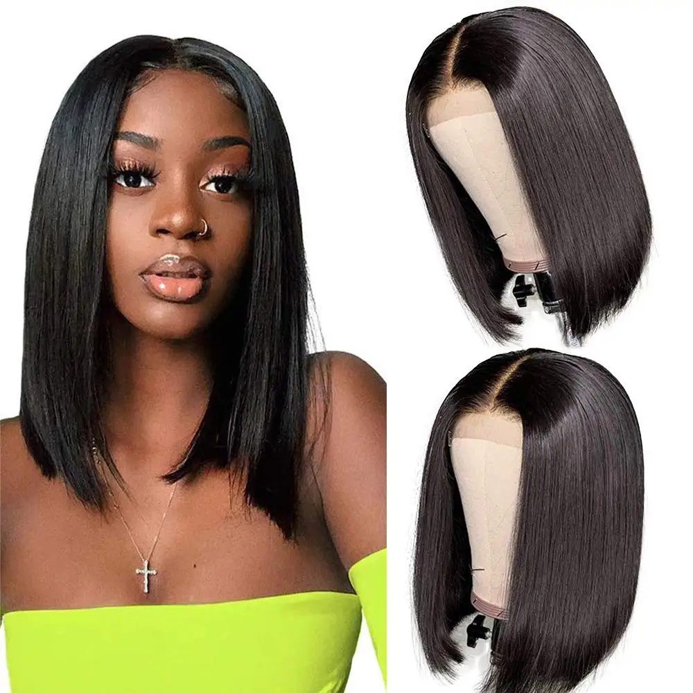 

cheap brazilian human hair bone straight short bob lace front wig, natural black color glueless straight hd lace frontal bob wig