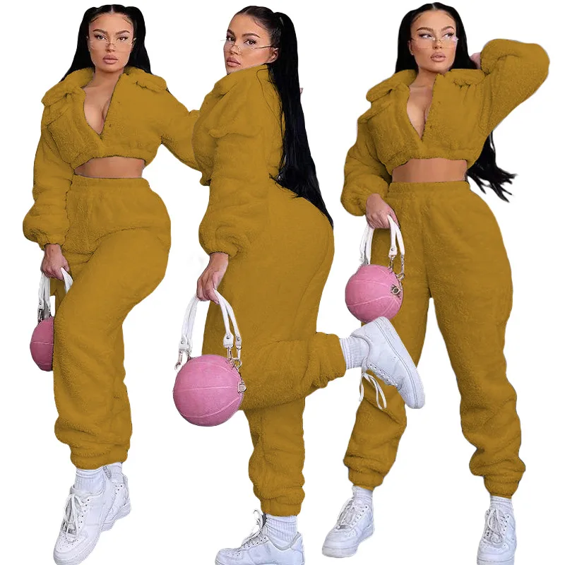 

Womens Flannel Two Piece Outfits Casual Crop Top Sweatsuits Pants Set, Yellow