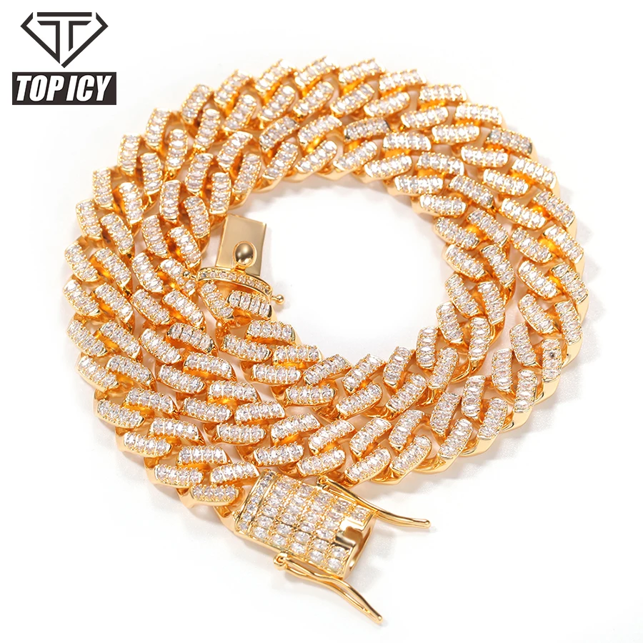 

USA Europe Hot selling hip hop 12mm Zircon Cuban Necklace Men 5 times real gold plating Baguette gold cuban link chain