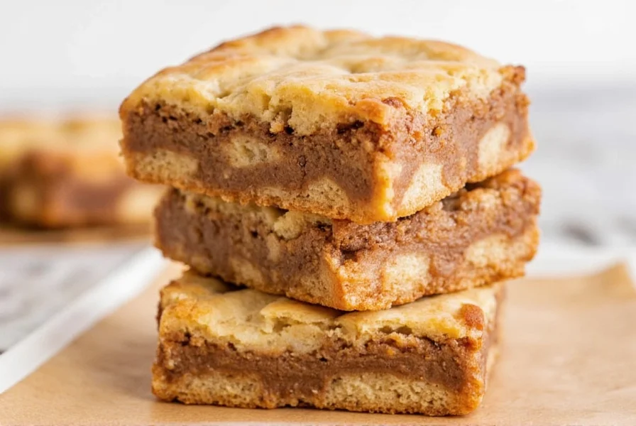 Perfectly swirled cinnamon roll blondies with golden edges on a white plate